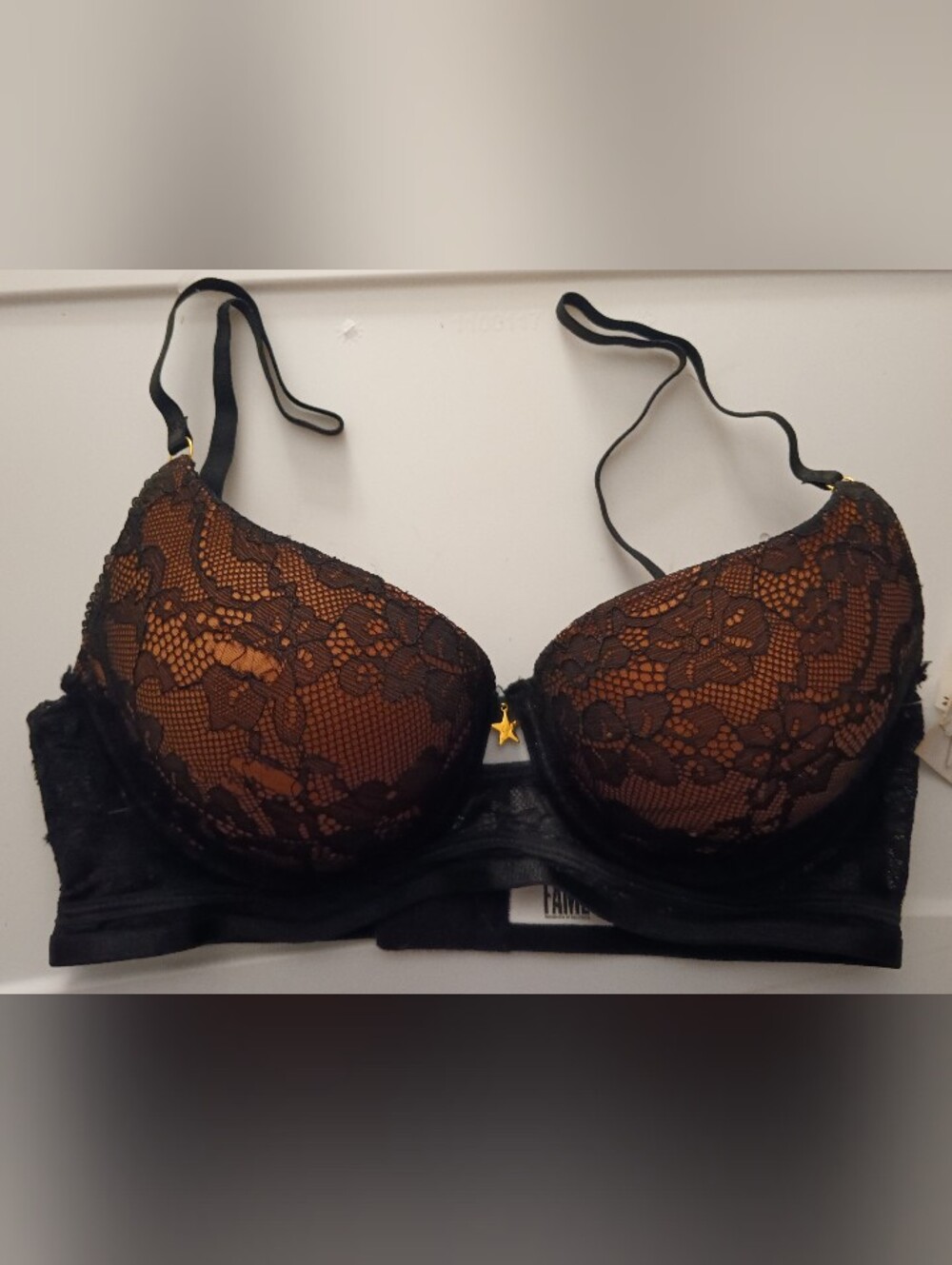 & Other Stories Black Lace Push-Up Bra with Tan Lining